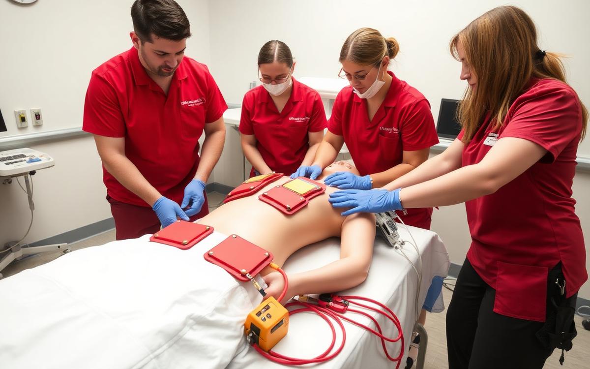 Resuscitation team running an advanced life support algorithm on a simulation manikin